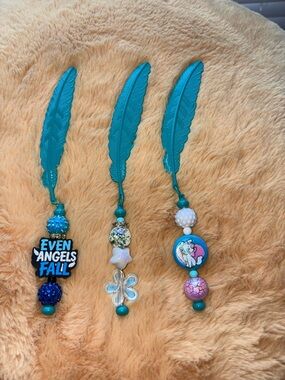 Turquoise Feather Metal Bookmark with Decorative Beads - Teal (NOT A SET)
